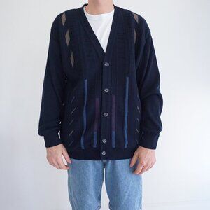 '90s Navy 3D Coogi Biggie Cosby Fine Knit 50% Wool button Up Cardigan Sweater L